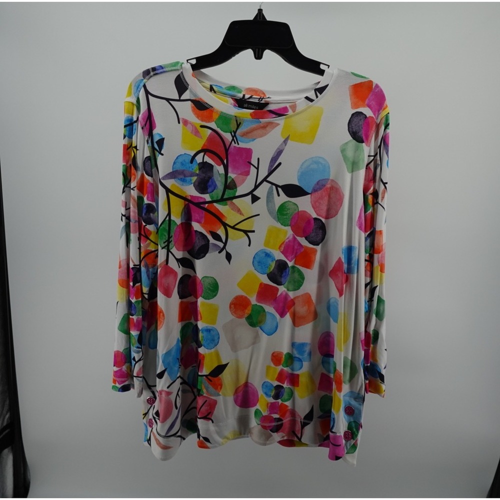 Ali Miles Women Large Watercolor Geometric Tunic Top 3/4 Sleeve Pink Button